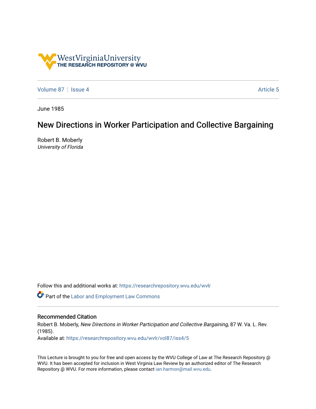 New Directions in Worker Participation and Collective Bargaining