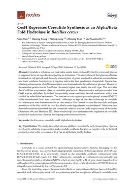 Cesh Represses Cereulide Synthesis As an Alpha/Beta Fold Hydrolase in Bacillus Cereus