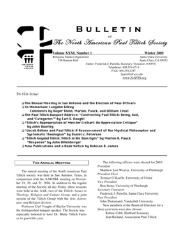 Bulletin of the North American Paul Tillich Society Volume 31, Number 1 Winter 2005 2