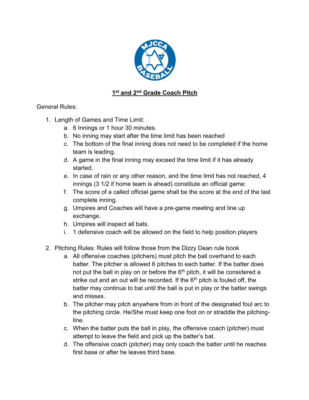 1St and 2Nd Grade Coach Pitch General Rules