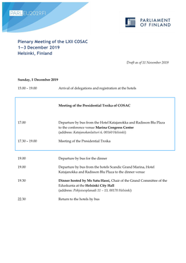 Plenary Meeting of the LXII COSAC 1—3 December 2019 Helsinki, Finland