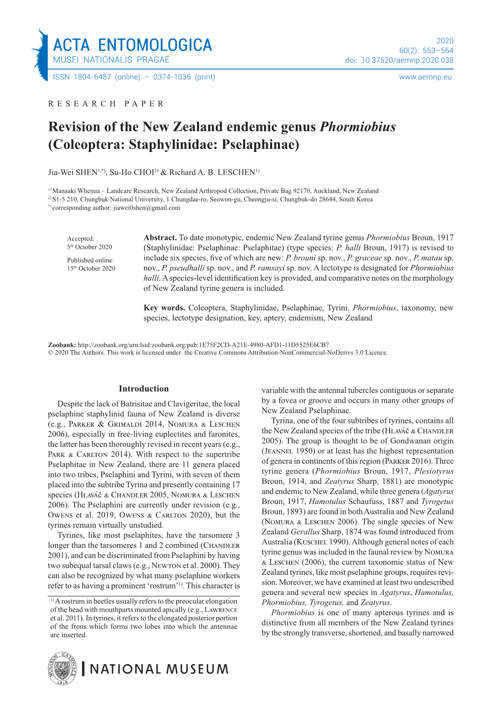 Shen Jia-Wei, Choi Su-Ho, Leschen Richard A. B. Revision of the New Zealand Endemic Genus