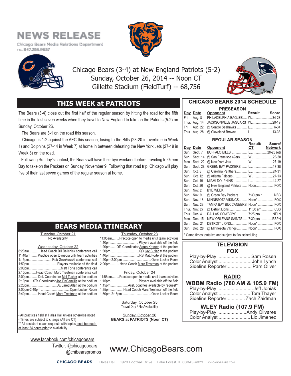 THE HEAD COACHES IMPORTANT NFL DATES CHICAGO BEARS REGULAR SEASON Marc Trestman Oct