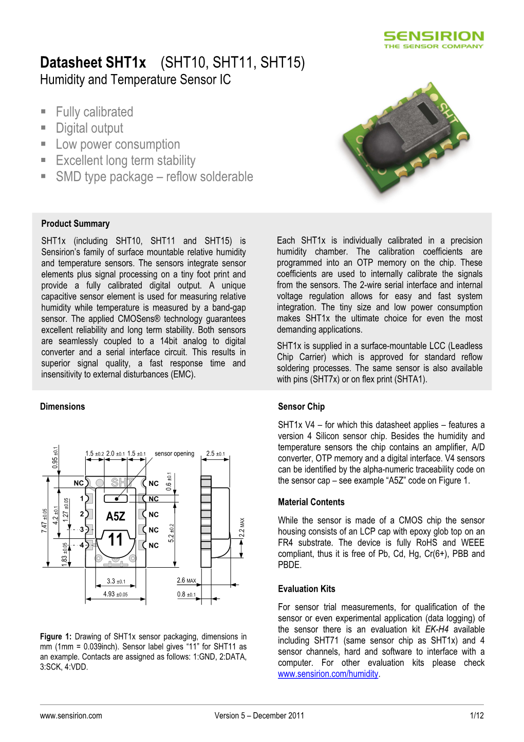 Datasheet Sht1x (SHT10, SHT11, SHT15) Humidity and Temperature Sensor IC