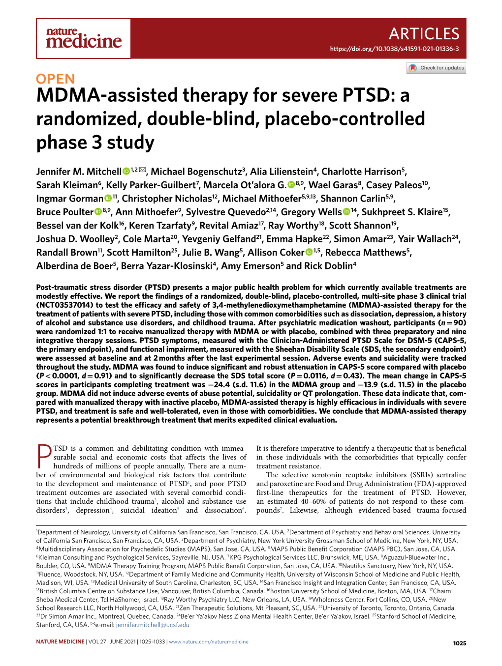MDMA-Assisted Therapy for Severe PTSD: a Randomized, Double-Blind, Placebo-Controlled Phase 3 Study