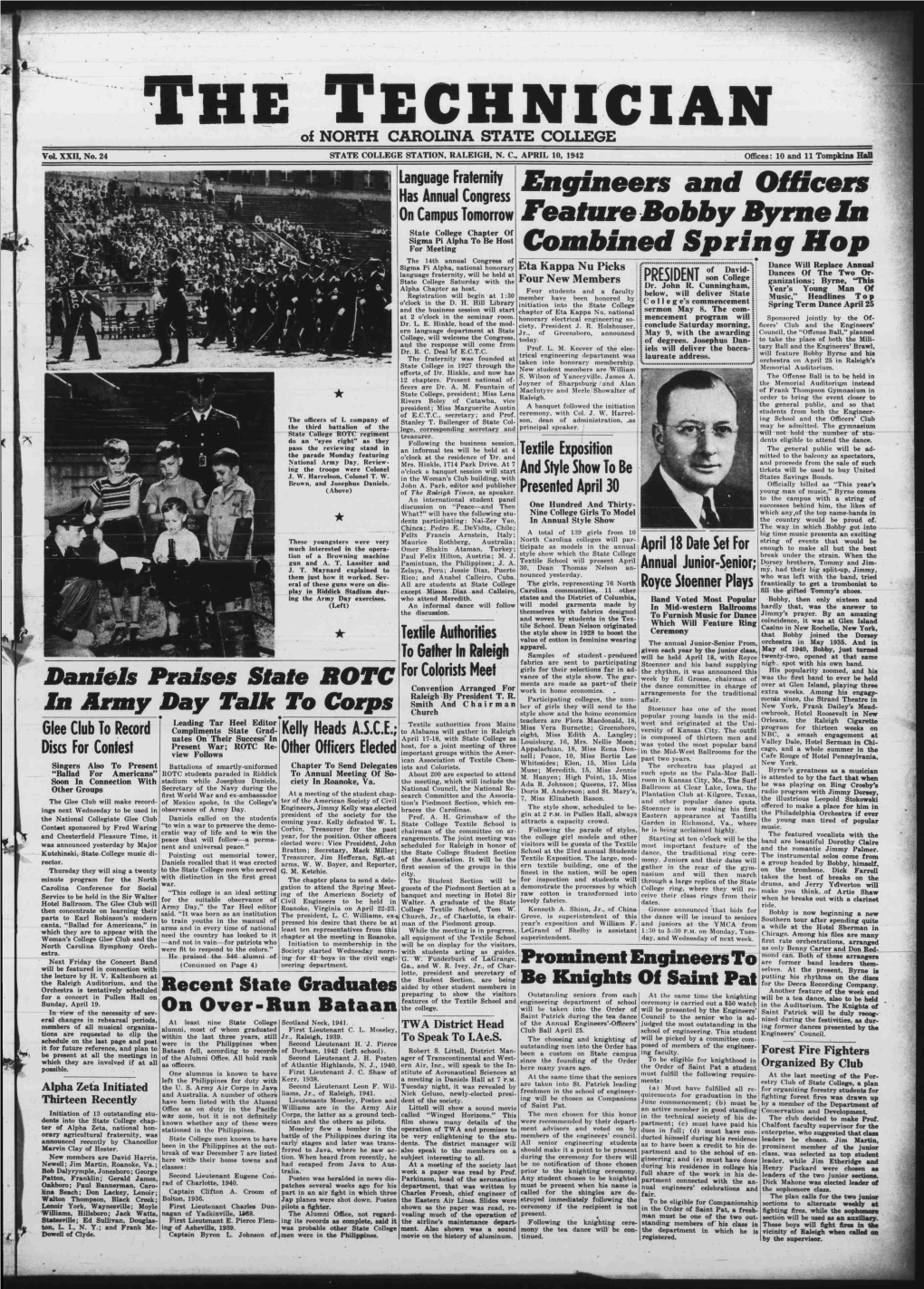 Of NORTH CAROLINA STATE COLLEGE the TECHNICIAN Vol. XXII, No. 24 STATE COLLEGE STATION, RALEIGH, N. C., APRIL 10, 1942 Offices
