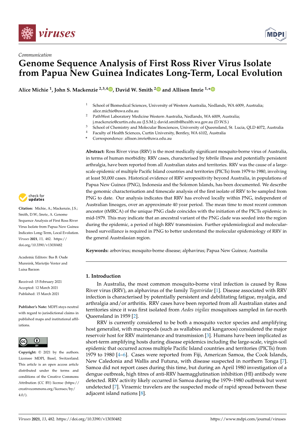 Genome Sequence Analysis of First Ross River Virus Isolate from Papua New Guinea Indicates Long-Term, Local Evolution