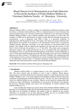 Blood Glucose Level Measurement As an Early Detection to Prevent the Incidence of Feline Diabetes Mellitus in Veterinary Medicine Faculty of Brawijaya University