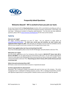 Frequently Asked Questions Welcome Aboard! MV Is Excited to Have You