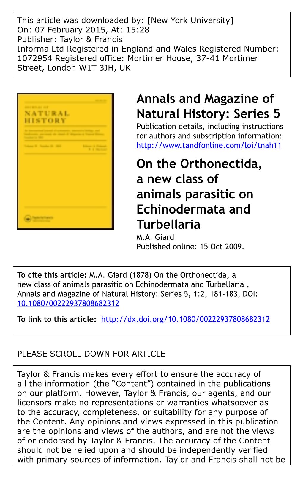 Series 5 on the Orthonectida, a New Class of Animals Parasitic on Echinodermata and Turb