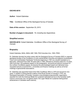 GSCHIS-A018 Author: Hubert Gabrielse Title: Cordilleran Office Of