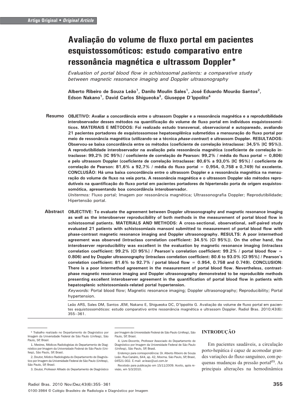 Evaluation of Portal Blood Flow in Schistosomal Patients: a Comparative Study Between Magnetic Resonance Imaging and Doppler Ultrasonography