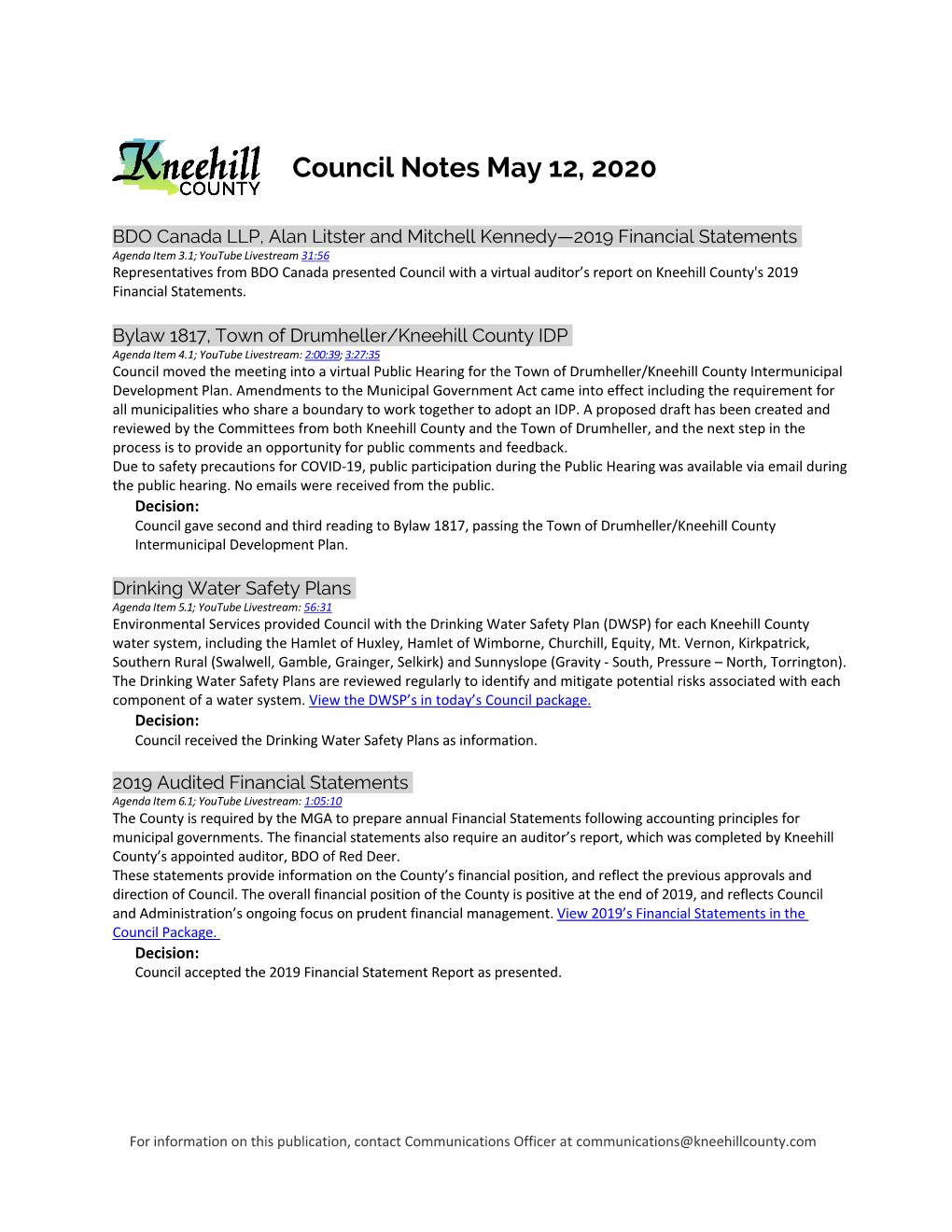 May 12, 2020, Council Notes