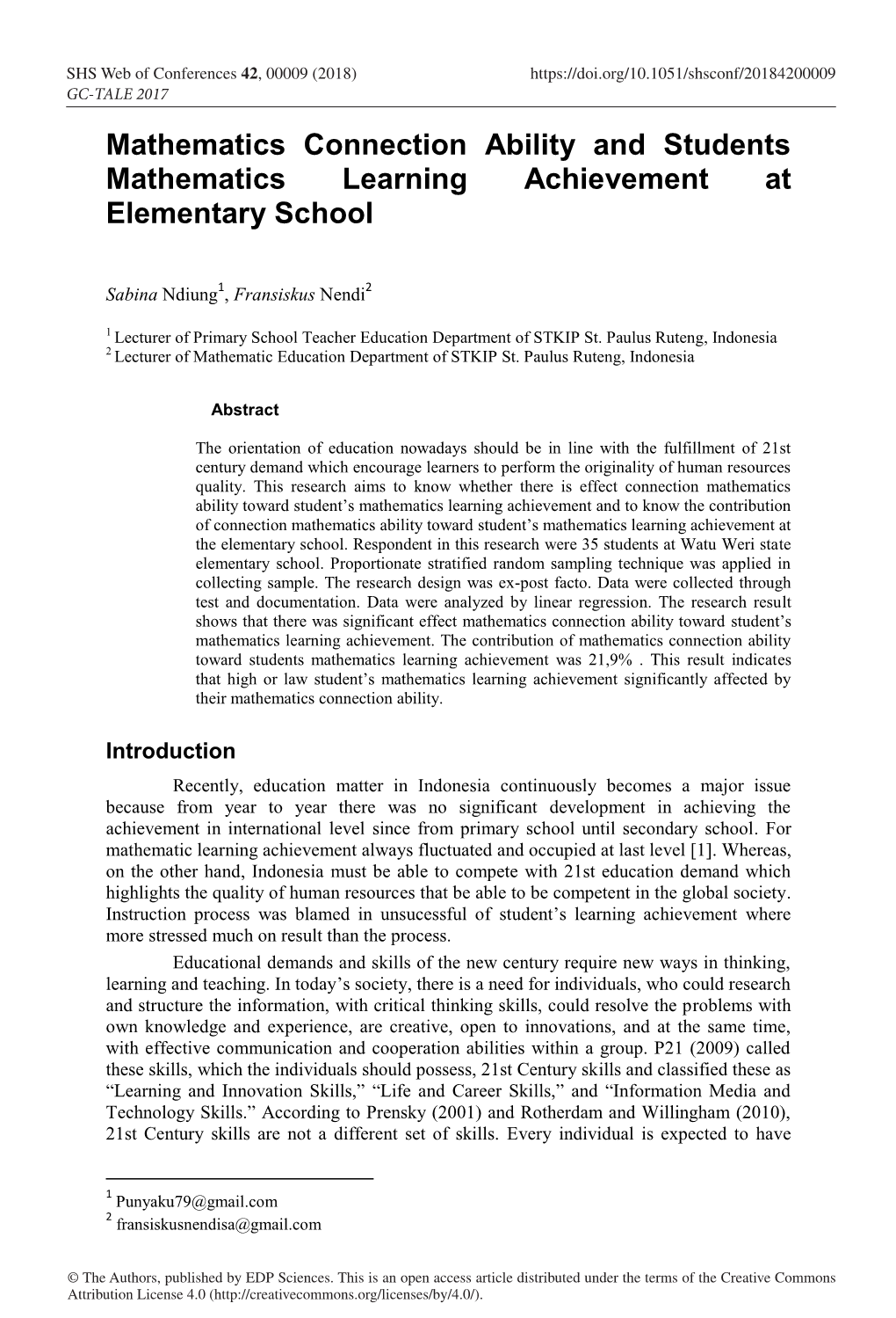 Mathematics Connection Ability and Students Mathematics Learning Achievement at Elementary School