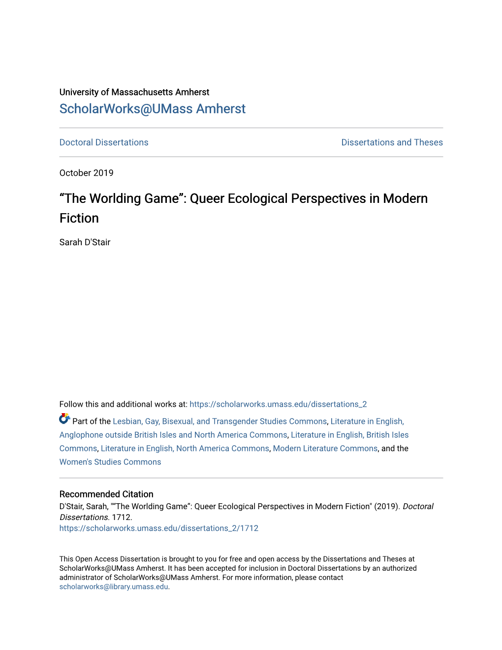 “The Worlding Game”: Queer Ecological Perspectives in Modern Fiction