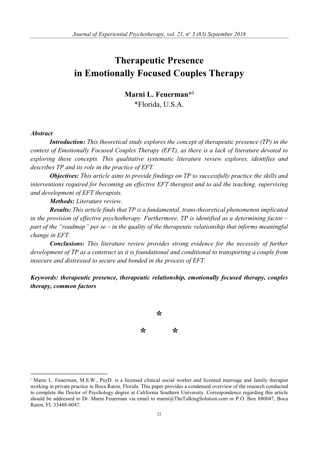 Therapeutic Presence in Emotionally Focused Couples Therapy