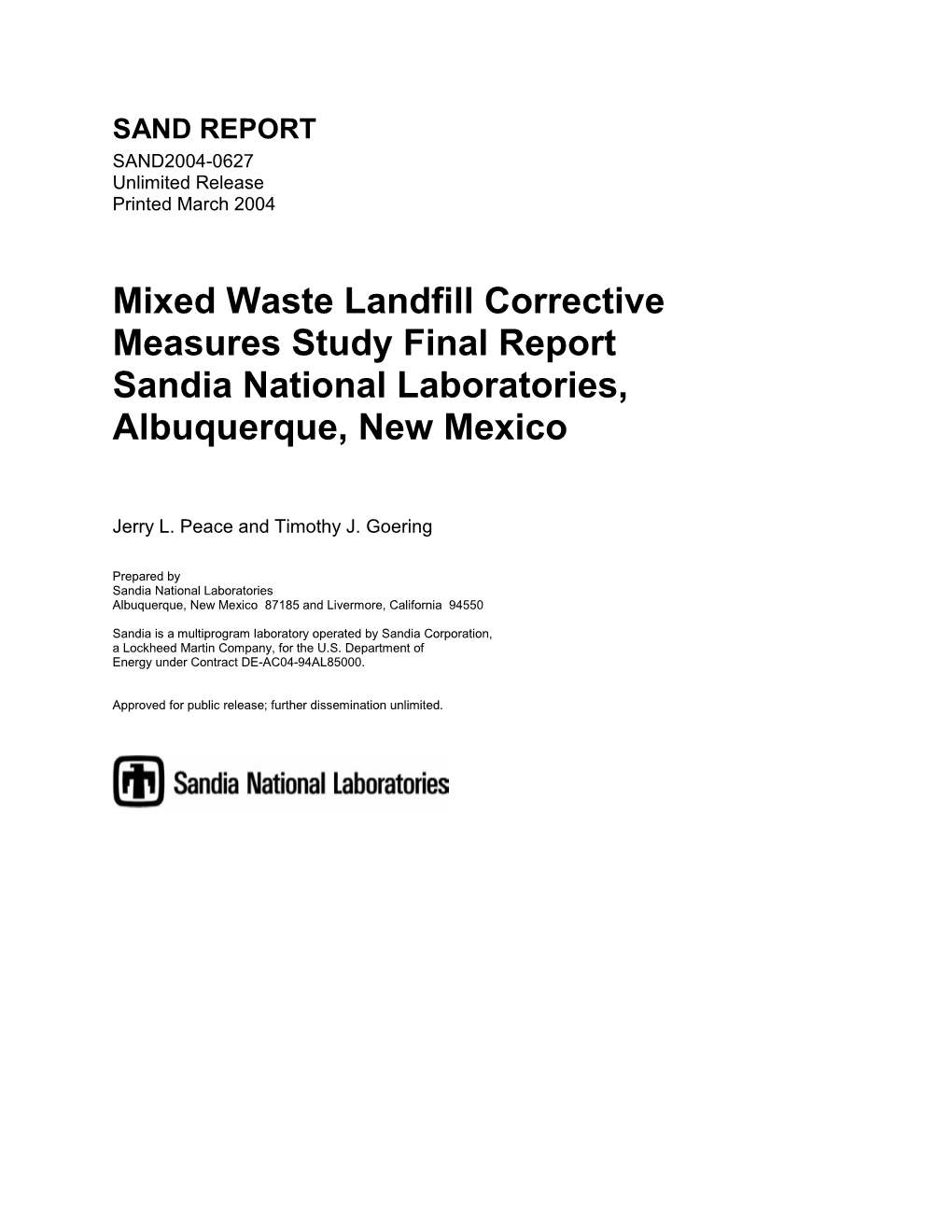 Mixed Waste Landfill Corrective Measures Study Final Report Sandia National Laboratories, Albuquerque, New Mexico