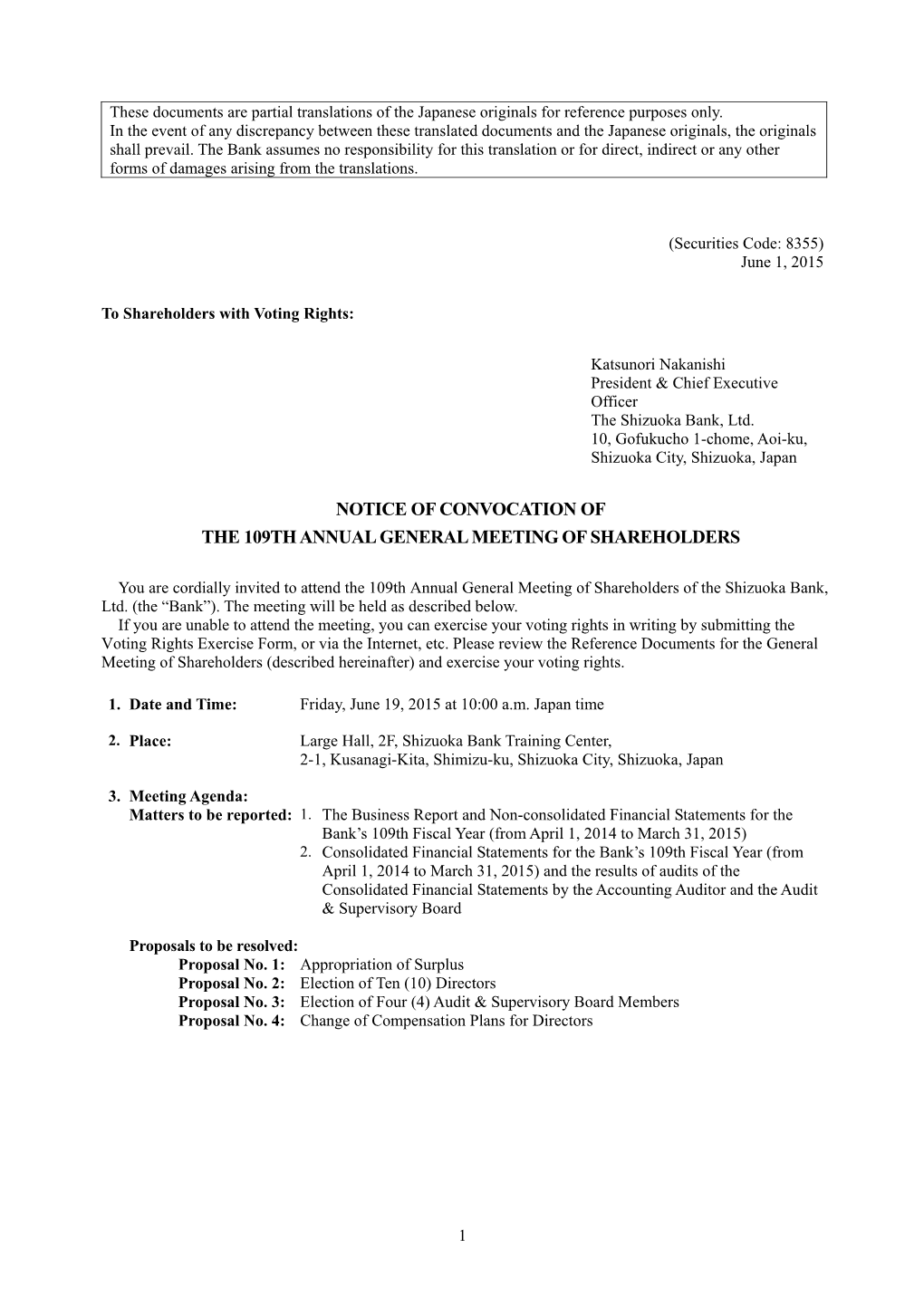 Notice of Convocation of the 109Th Annual General Meeting of Shareholders