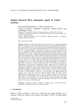 Methyl Directed DNA Mismatch Repair in Vibrio Cholerae