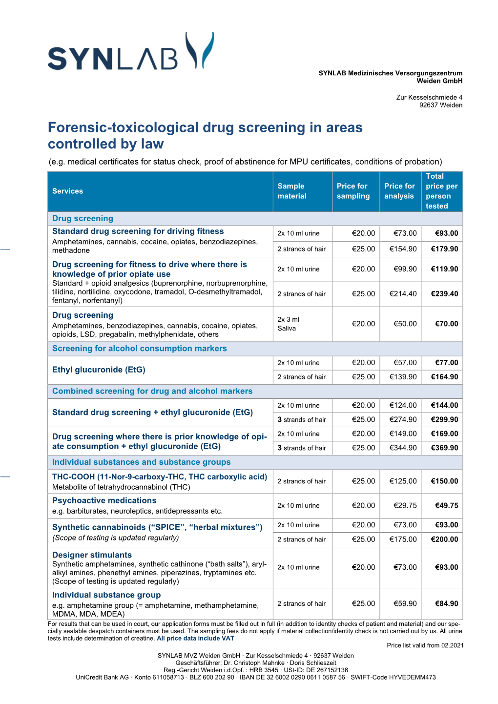 Forensic-Toxicological Drug Screening in Areas Controlled by Law (E.G