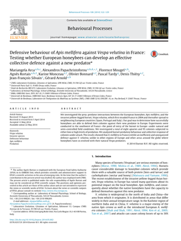 Defensive Behaviour of Apis Mellifera Against Vespa Velutina in France