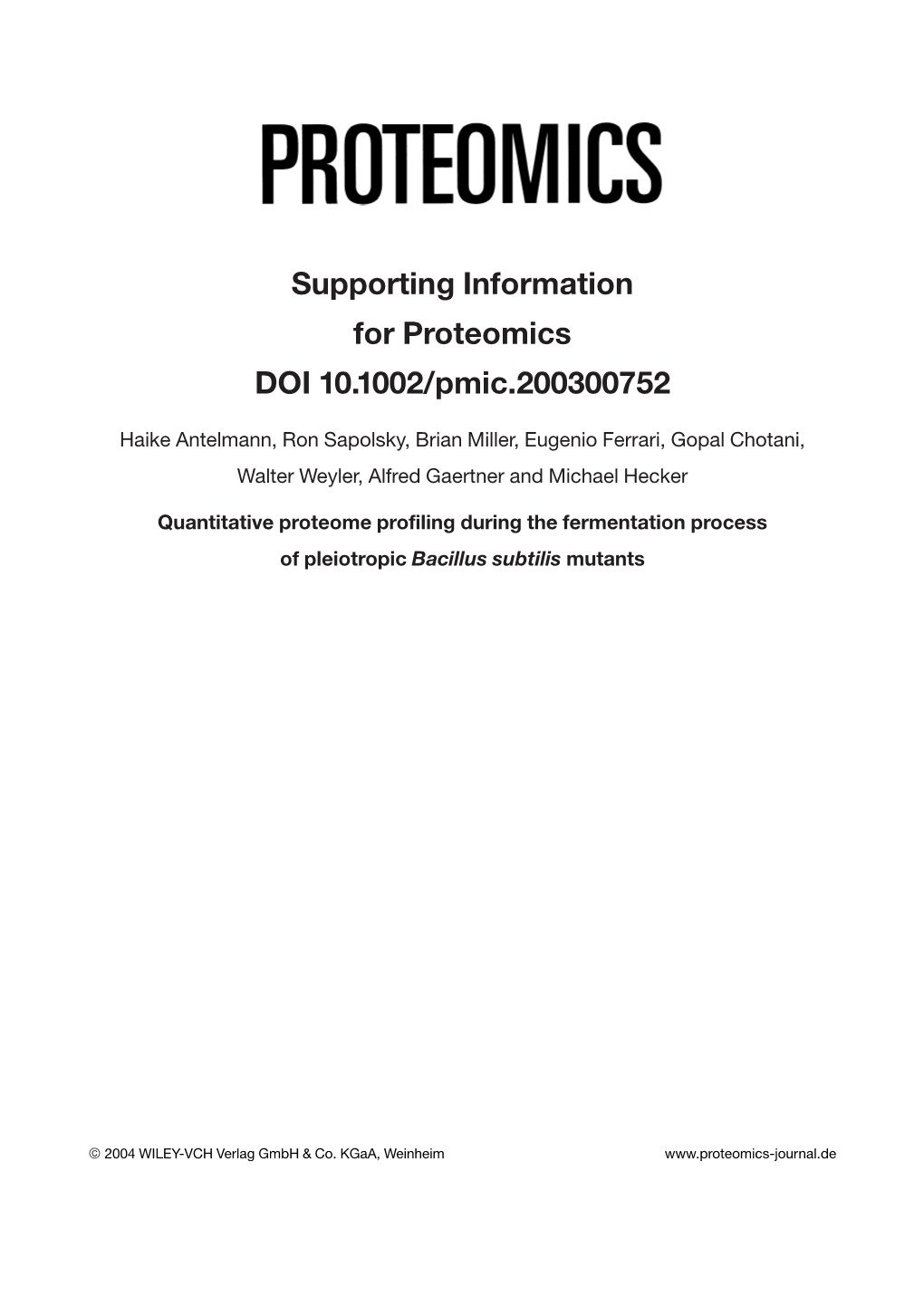 Supporting Information for Proteomics DOI 10.1002/Pmic.200300752