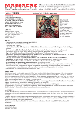 ARTIST: SILIUS ALBUM TITLE: Hell Awakening FORMAT: CD LABEL: Massacre Records CAT