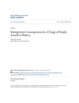 Immigration Consequences to a Charge of Simple Assault Or Battery Deborah Gonzalez Roger Williams University School of Law