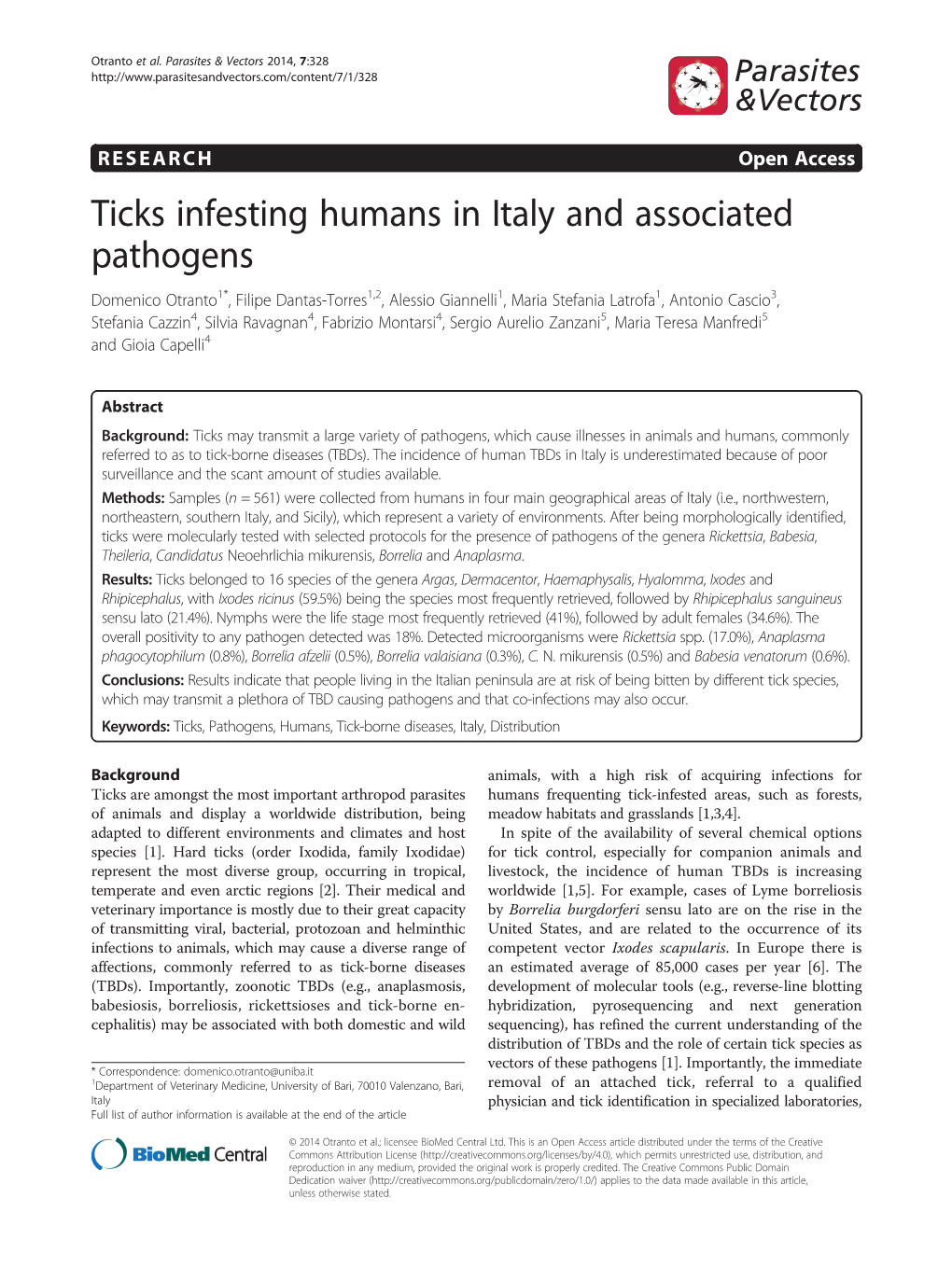 Ticks Infesting Humans in Italy and Associated Pathogens