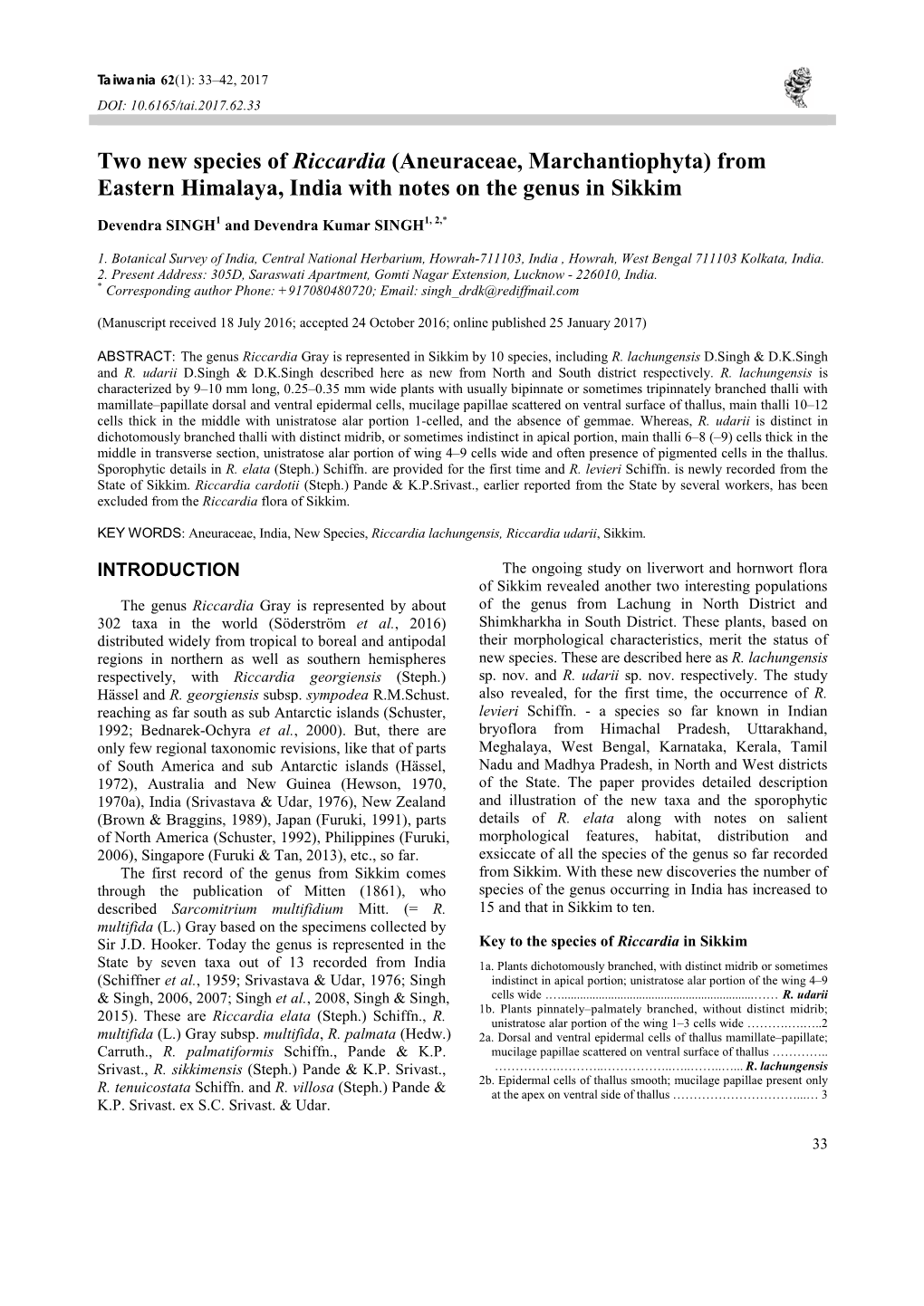 Two New Species of Riccardia (Aneuraceae, Marchantiophyta) from Eastern Himalaya, India with Notes on the Genus in Sikkim