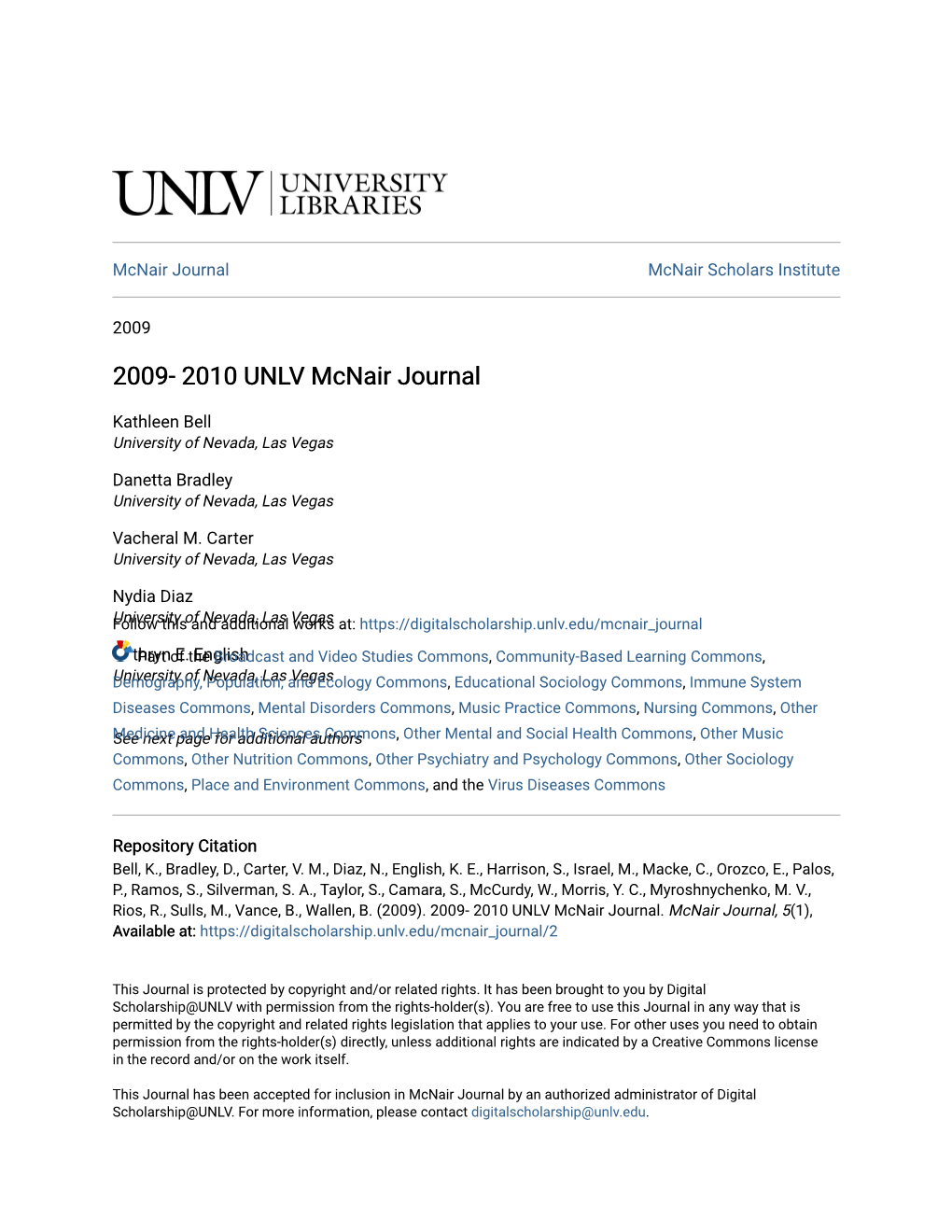 2009- 2010 UNLV Mcnair Journal