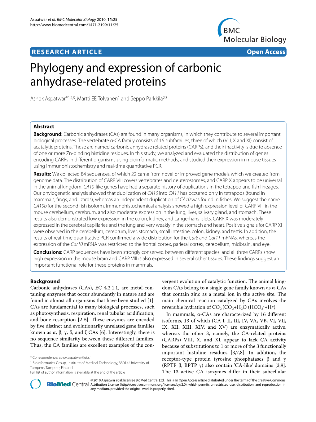 Phylogeny and Expression of Carbonic Anhydrase-Related Proteins BMC Molecular Biology 2010, 11:25
