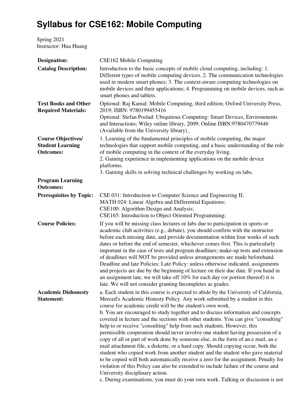Syllabus for CSE162: Mobile Computing