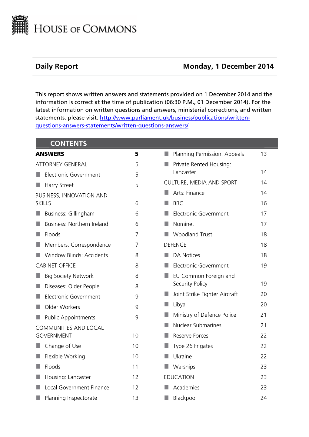 Daily Report Monday, 1 December 2014 CONTENTS