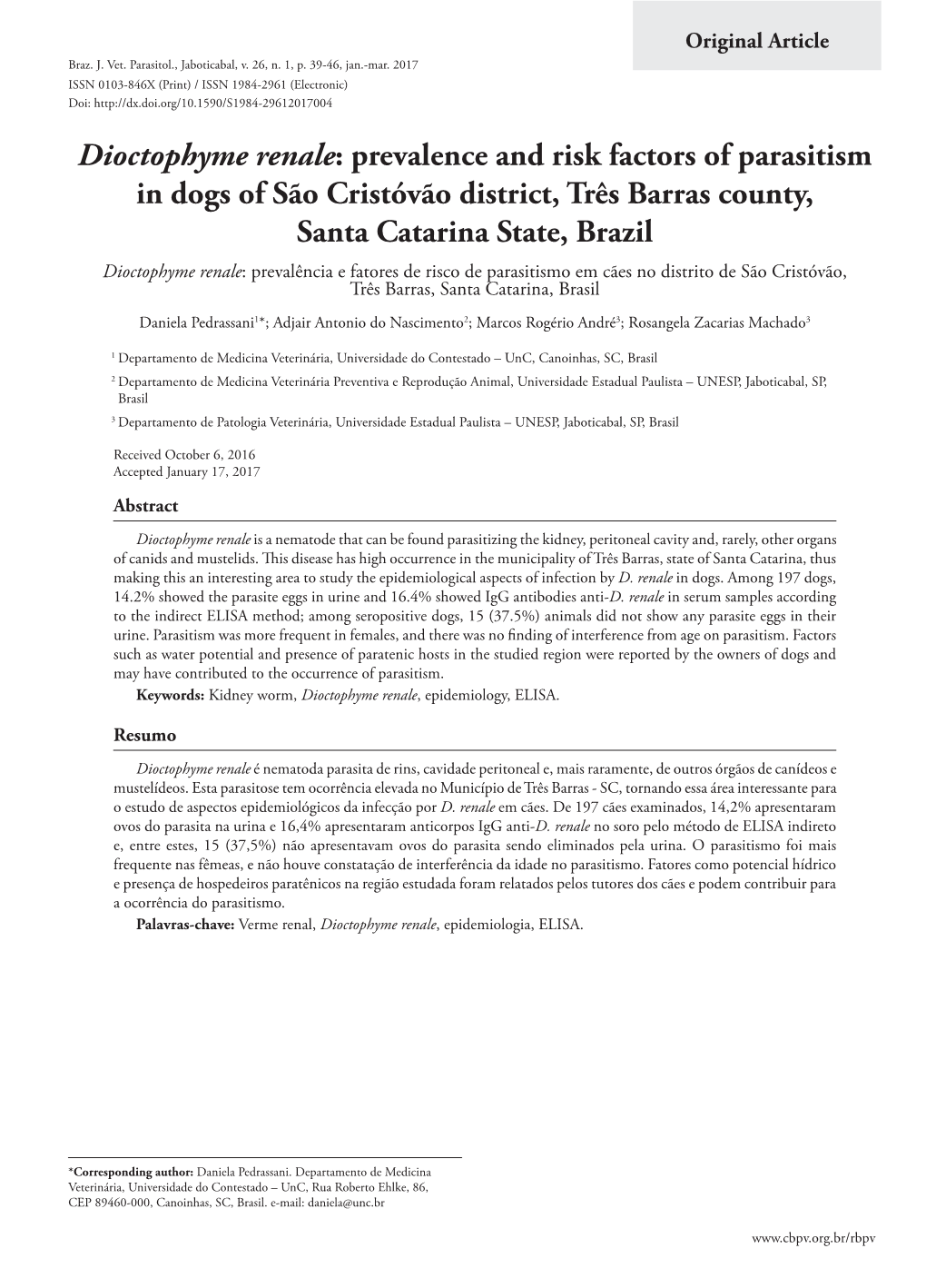 Dioctophyme Renale: Prevalence and Risk Factors of Parasitism in Dogs Of