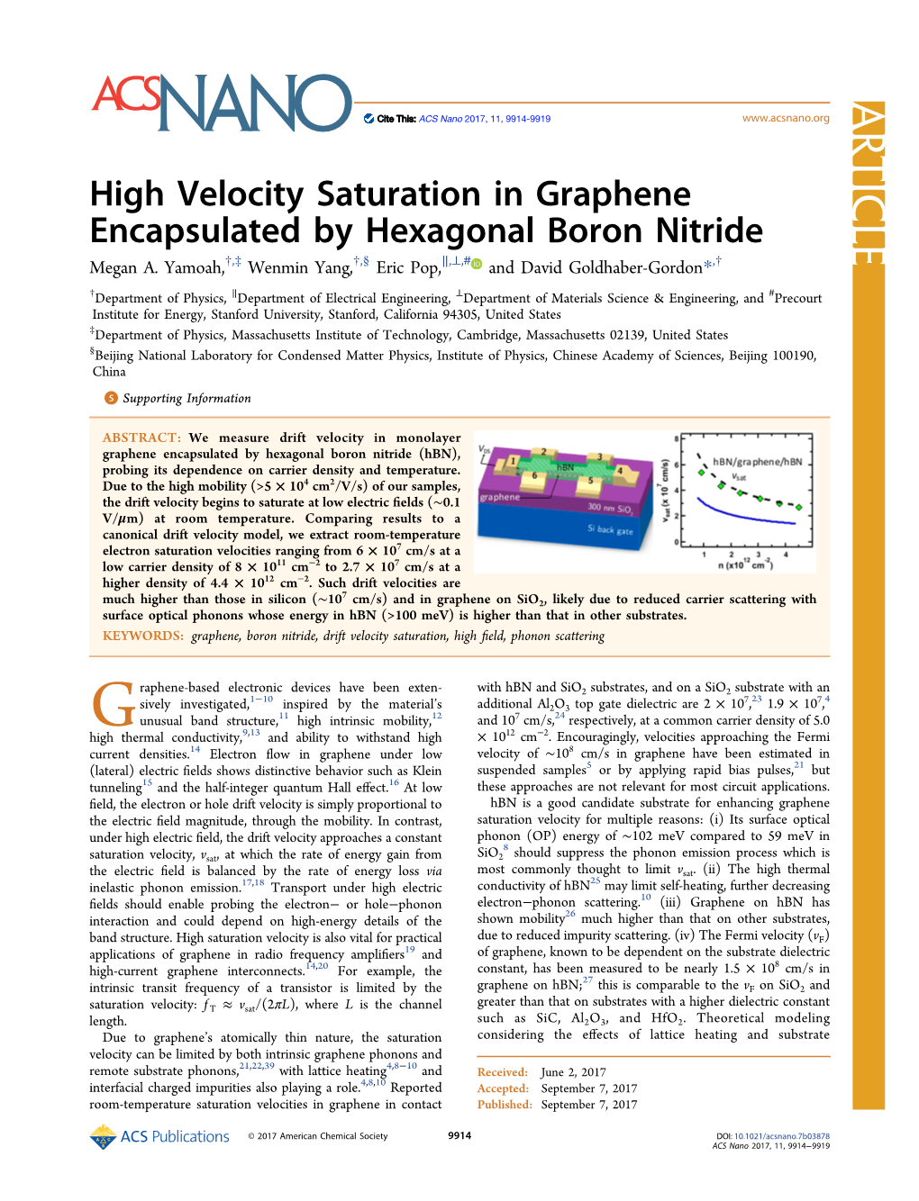 High-Velocity Saturation in Graphene Encapsulated by Hexagonal Boron