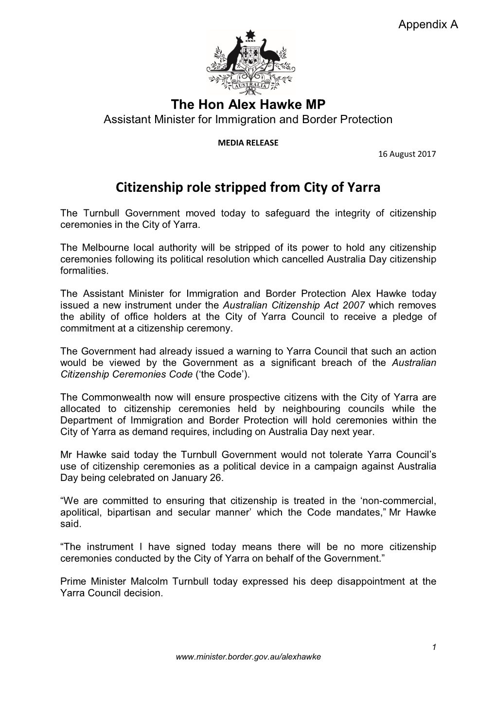 Citizenship Role Stripped from City of Yarra