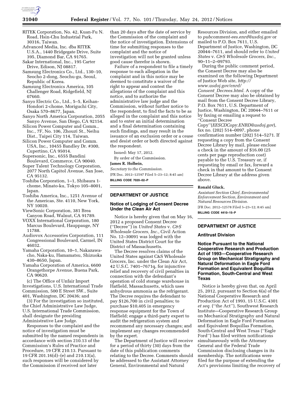 Federal Register/Vol. 77, No. 101/Thursday, May 24, 2012/Notices