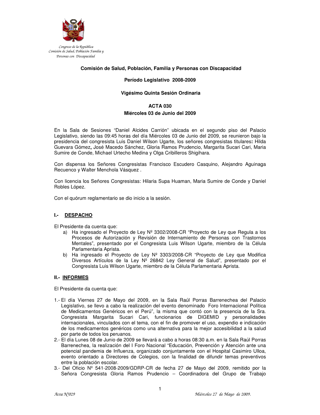 Acta Nº029 Miércoles 27 De Mayo De 2009. 1 Comisión De Salud