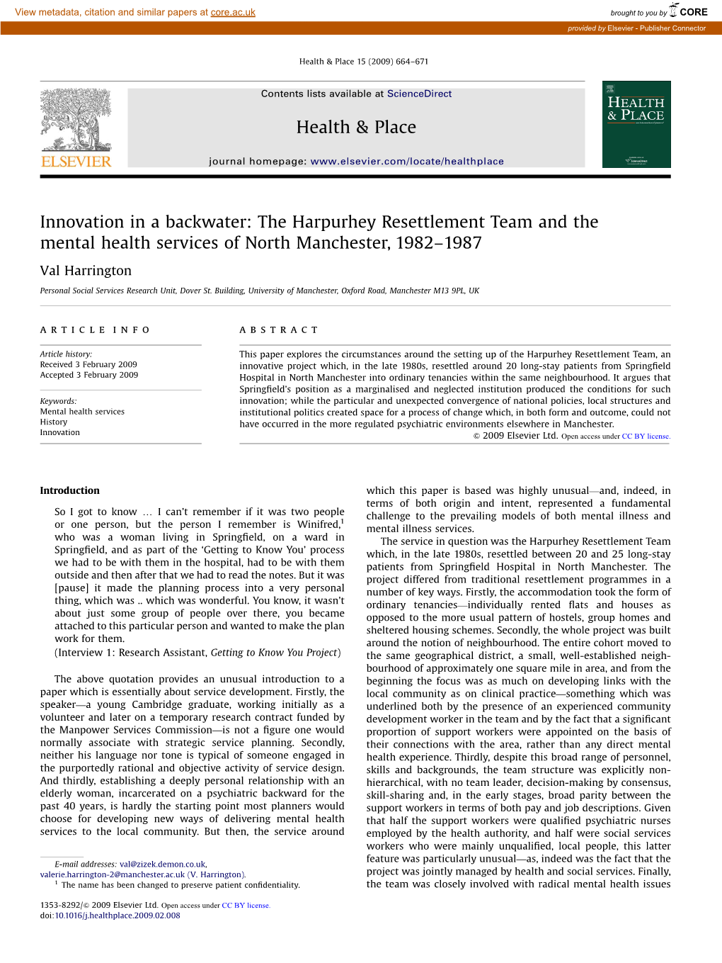 Innovation in a Backwater: the Harpurhey Resettlement Team and the Mental Health Services of North Manchester, 1982–1987