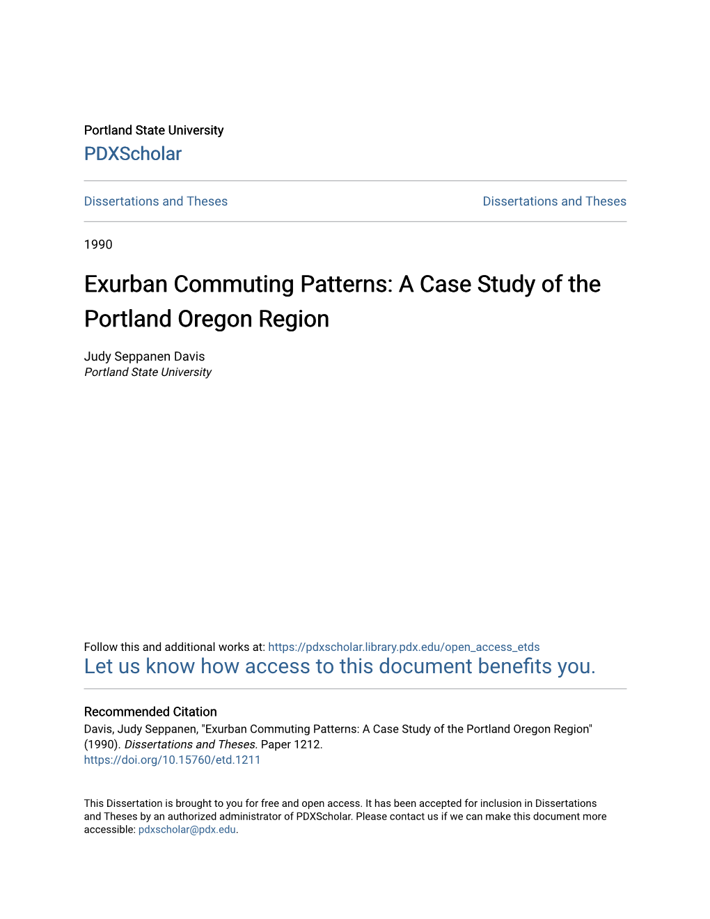 Exurban Commuting Patterns: a Case Study of the Portland Oregon Region