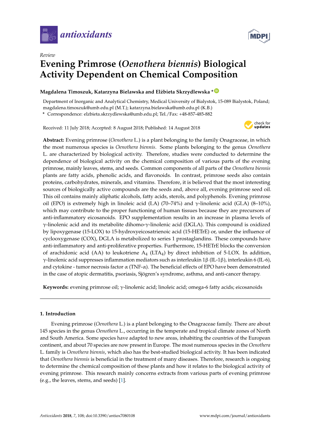 Evening Primrose (Oenothera Biennis) Biological Activity Dependent on Chemical Composition