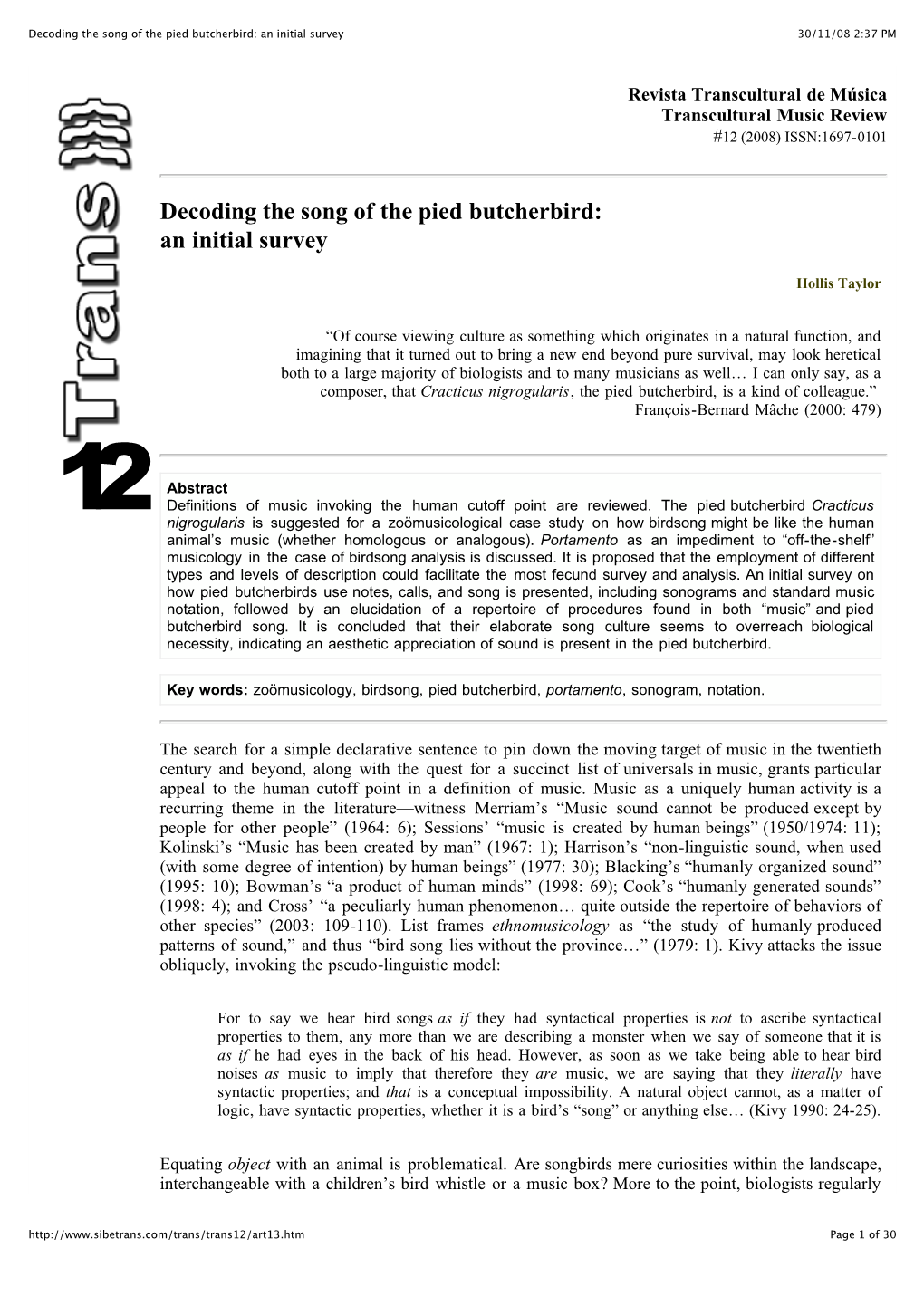 Decoding the Song of the Pied Butcherbird: an Initial Survey 30/11/08 2:37 PM