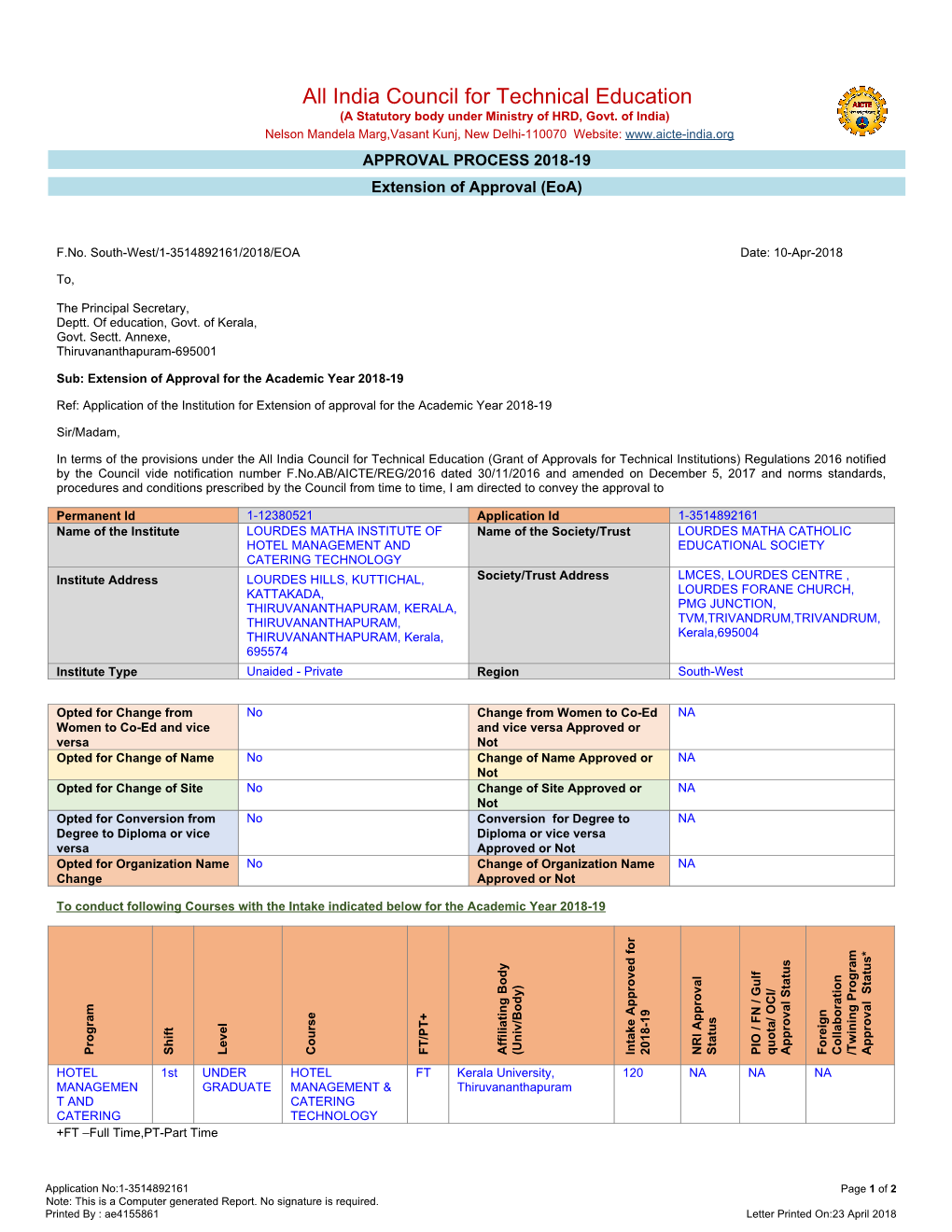 India Council for Technical Education (A Statutory Body Under Ministry of HRD, Govt