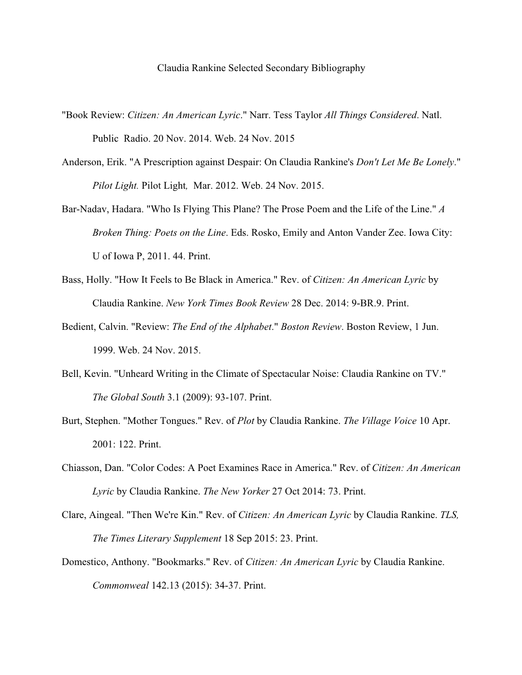 Claudia Rankine Selected Secondary Bibliography 