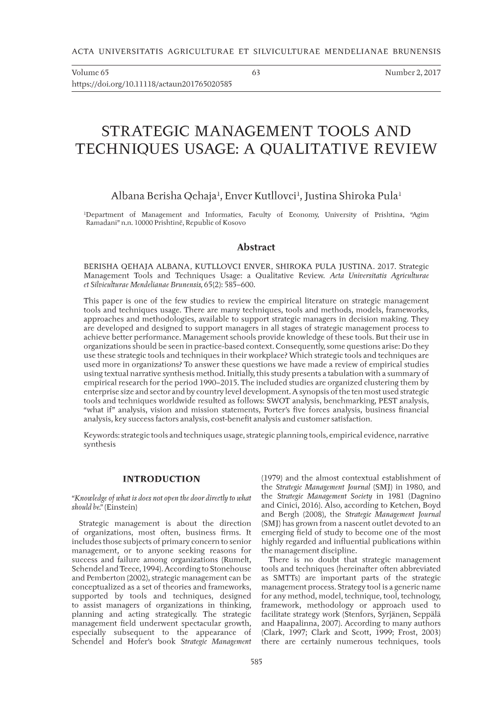 Strategic Management Tools and Techniques Usage: a Qualitative Review