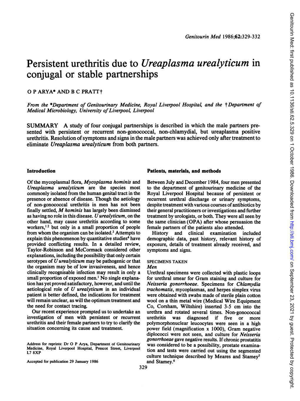 Persistent Urethritis Due to Ureaplasma Urealyticum in Conjugal Or Stable Partnerships