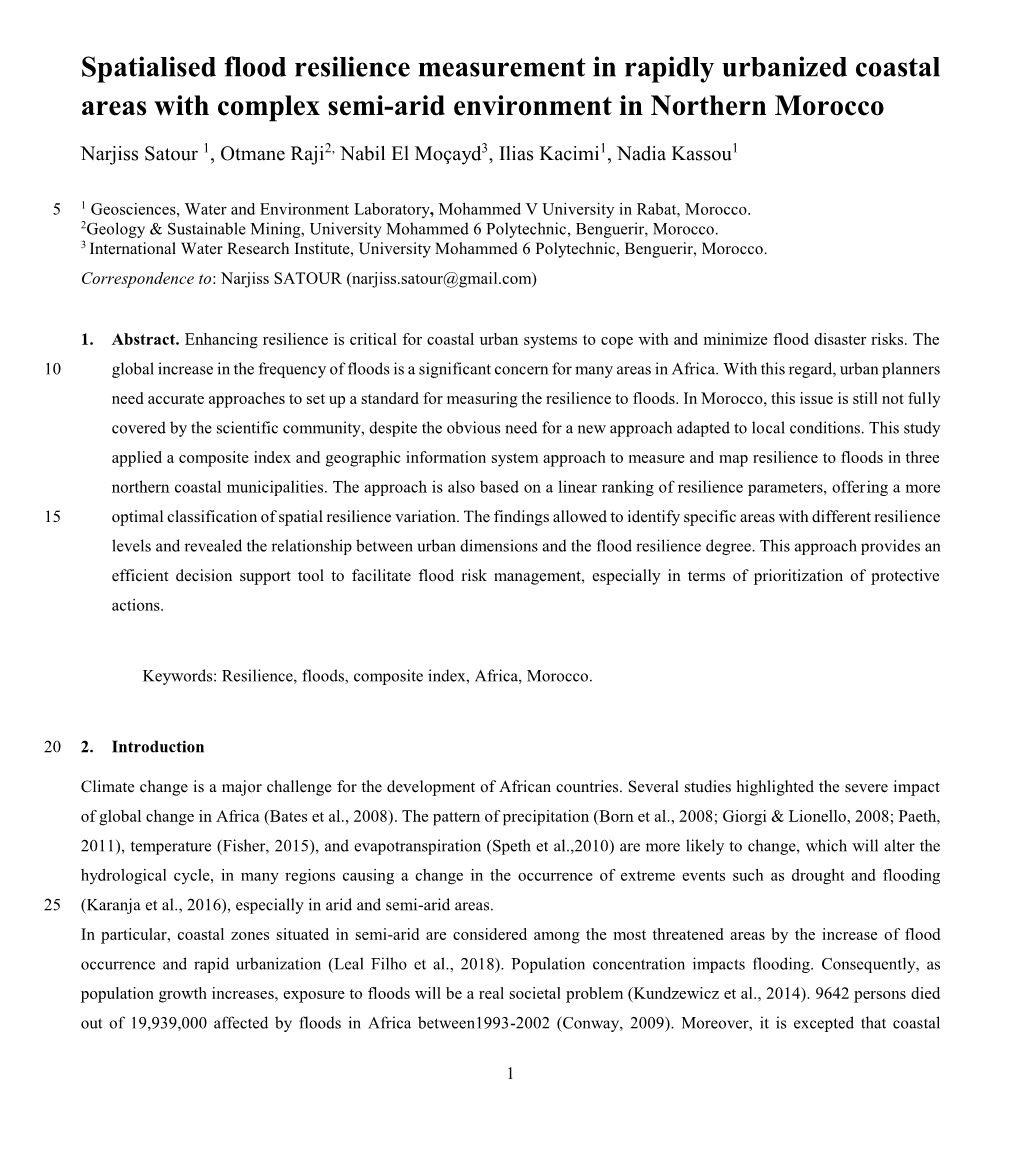 Spatialised Flood Resilience Measurement in Rapidly Urbanized Coastal Areas with Complex Semi-Arid Environment in Northern Morocco