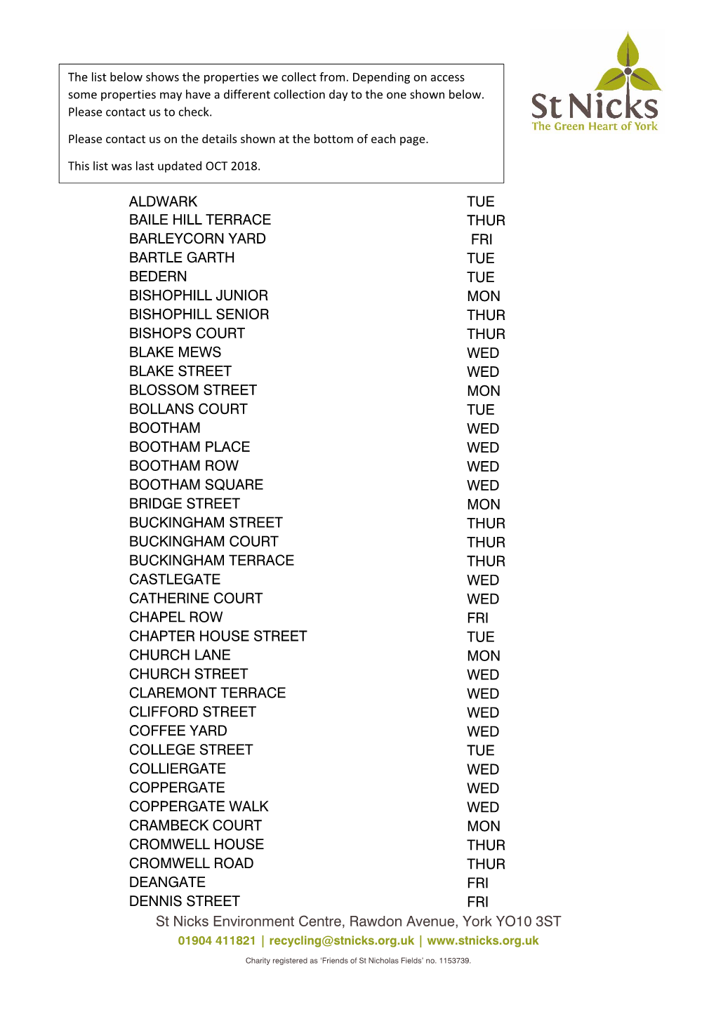St Nicks Environment Centre, Rawdon Avenue, York YO10 3ST 01904 411821 | Recycling@Stnicks.Org.Uk |
