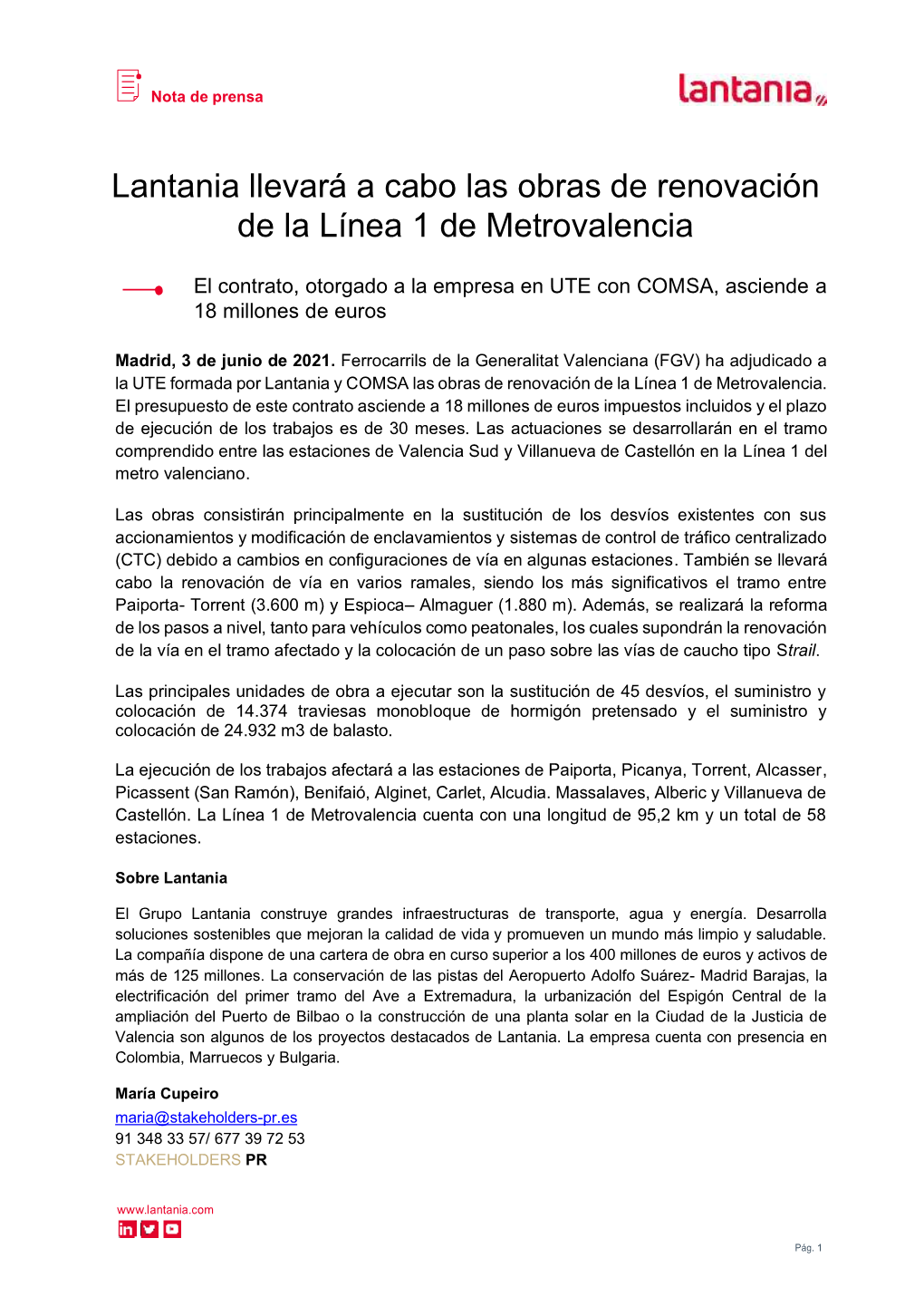 Lantania Llevará a Cabo Las Obras De Renovación De La Línea 1 De Metrovalencia